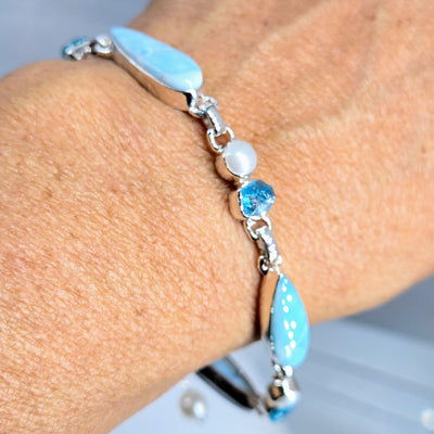 "Island Beauty" 7" - 9" Bracelet - Larimar, Apatite, Pearl, Sterling