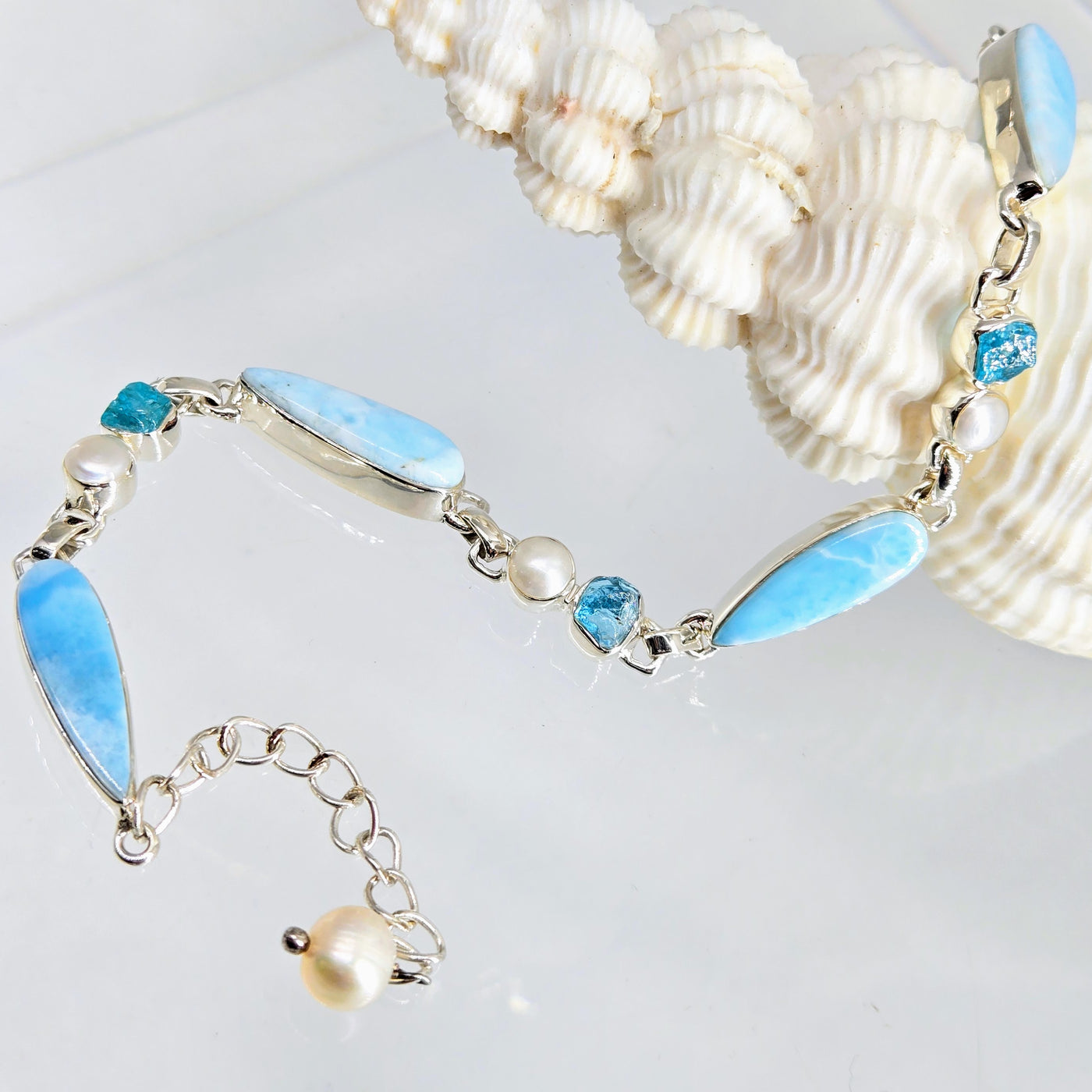 "Island Beauty" 7" - 9" Bracelet - Larimar, Apatite, Pearl, Sterling