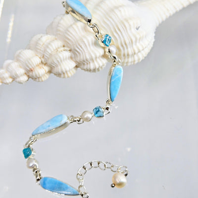 "Island Beauty" 7" - 9" Bracelet - Larimar, Apatite, Pearl, Sterling