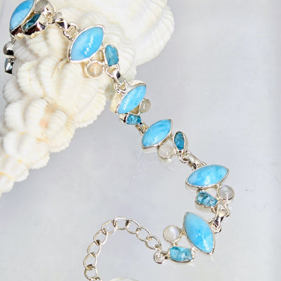 "Isla Bonita" 6.5" - 8" Bracelet - Larimar, Apatite, Moonstone, Sterling