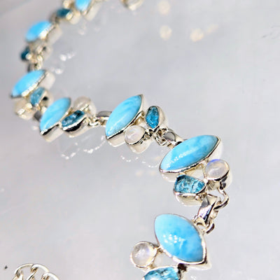 "Isla Bonita" 6.5" - 8" Bracelet - Larimar, Apatite, Moonstone, Sterling