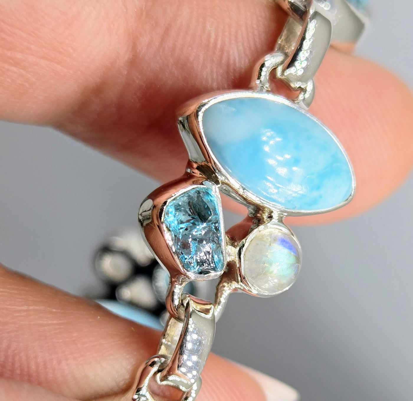 "Isla Bonita" 6.5" - 8" Bracelet - Larimar, Apatite, Moonstone, Sterling