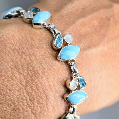 "Isla Bonita" 6.5" - 8" Bracelet - Larimar, Apatite, Moonstone, Sterling