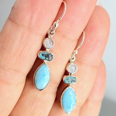 "Beautiful Island" 1.5" Earrings - Larimar, Apatite, Moonstone, Sterling