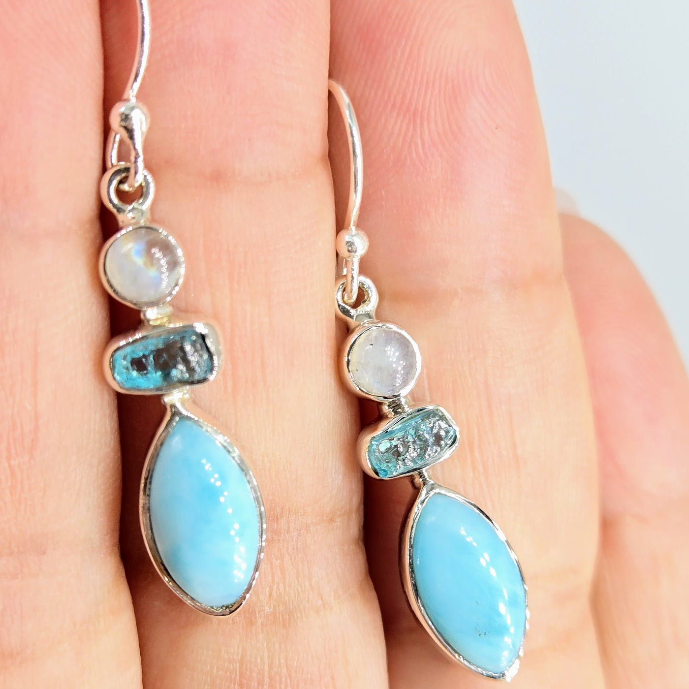 "Beautiful Island" 1.5" Earrings - Larimar, Apatite, Moonstone, Sterling