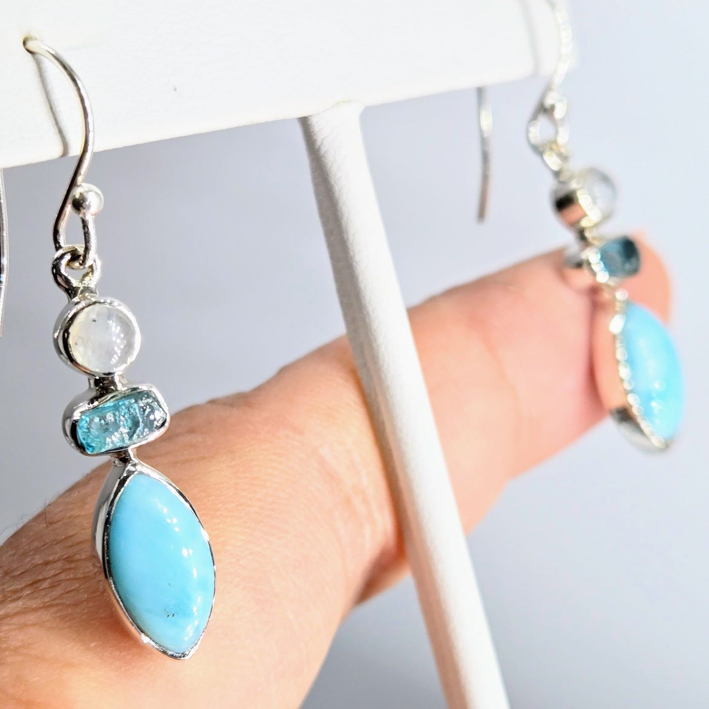 "Beautiful Island" 1.5" Earrings - Larimar, Apatite, Moonstone, Sterling