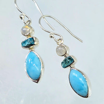 "Beautiful Island" 1.5" Earrings - Larimar, Apatite, Moonstone, Sterling