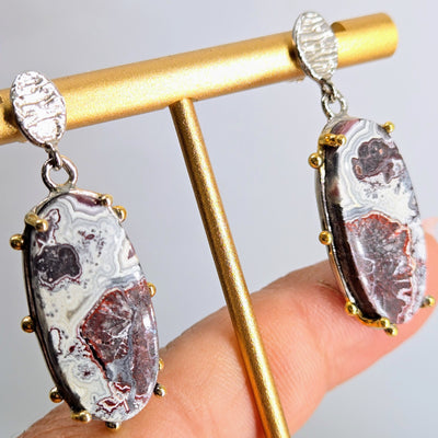 "Crazy Lady #2" 1.5" Earrings - Crazy Lace Agate, Anti-tarnish Sterling, 18k Gold Accents
