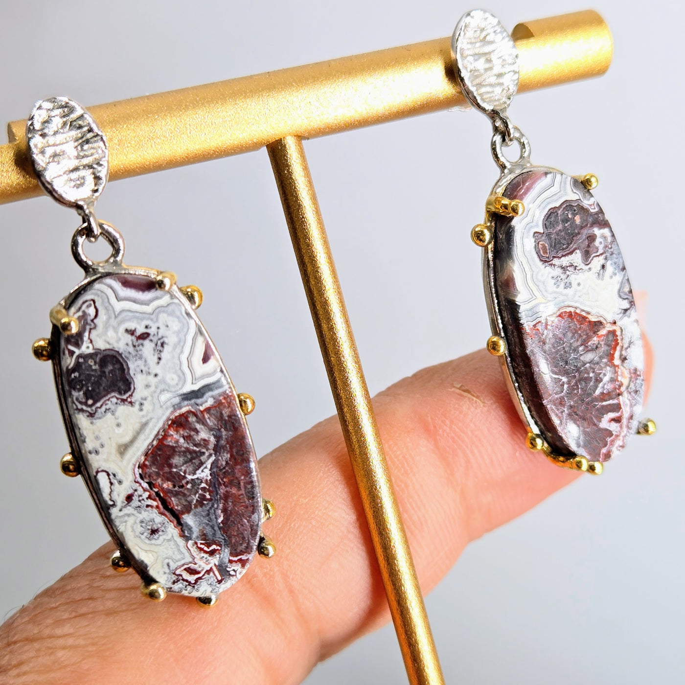 "Crazy Lady #2" 1.5" Earrings - Crazy Lace Agate, Anti-tarnish Sterling, 18k Gold Accents