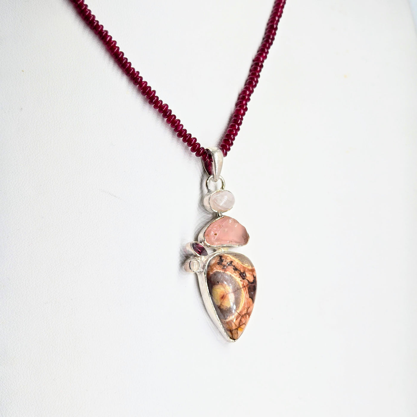 "Rosy Bird's Eye" Pendant Necklace - Jasper, Chalcedony, Garnet, Rose Quartz, Moonstone, Sterling