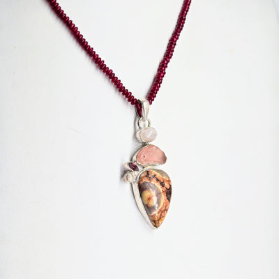 "Rosy Bird's Eye" Pendant Necklace - Jasper, Chalcedony, Garnet, Rose Quartz, Moonstone, Sterling