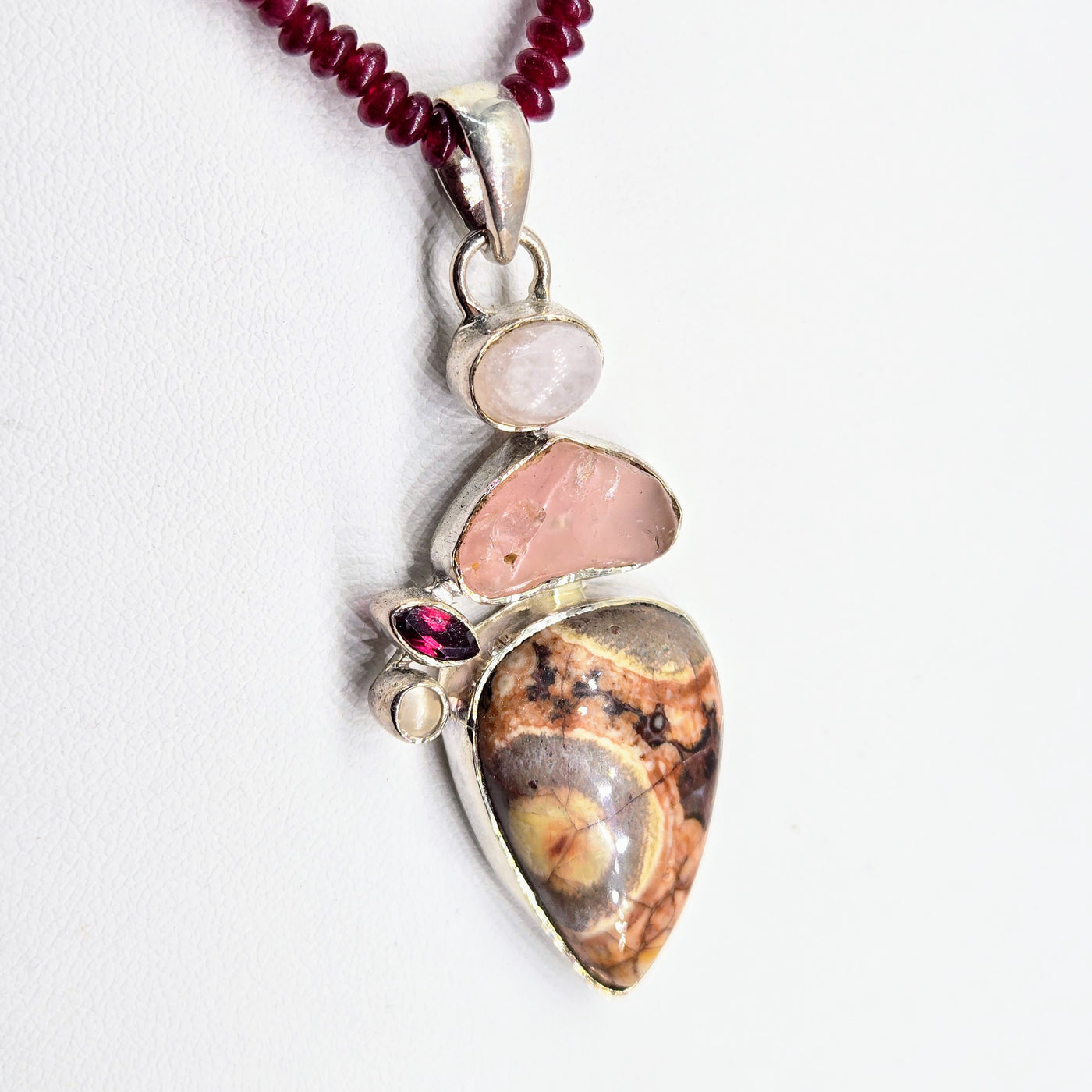 "Rosy Bird's Eye" Pendant Necklace - Jasper, Chalcedony, Garnet, Rose Quartz, Moonstone, Sterling