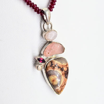 "Rosy Bird's Eye" Pendant Necklace - Jasper, Chalcedony, Garnet, Rose Quartz, Moonstone, Sterling