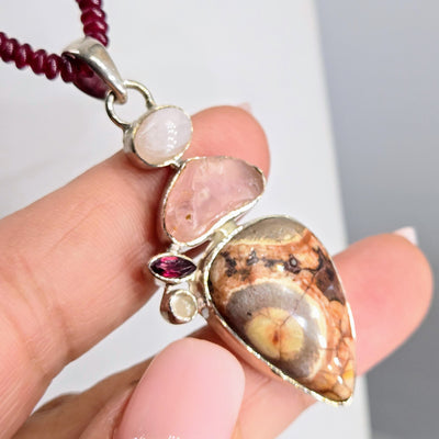 "Rosy Bird's Eye" Pendant Necklace - Jasper, Chalcedony, Garnet, Rose Quartz, Moonstone, Sterling
