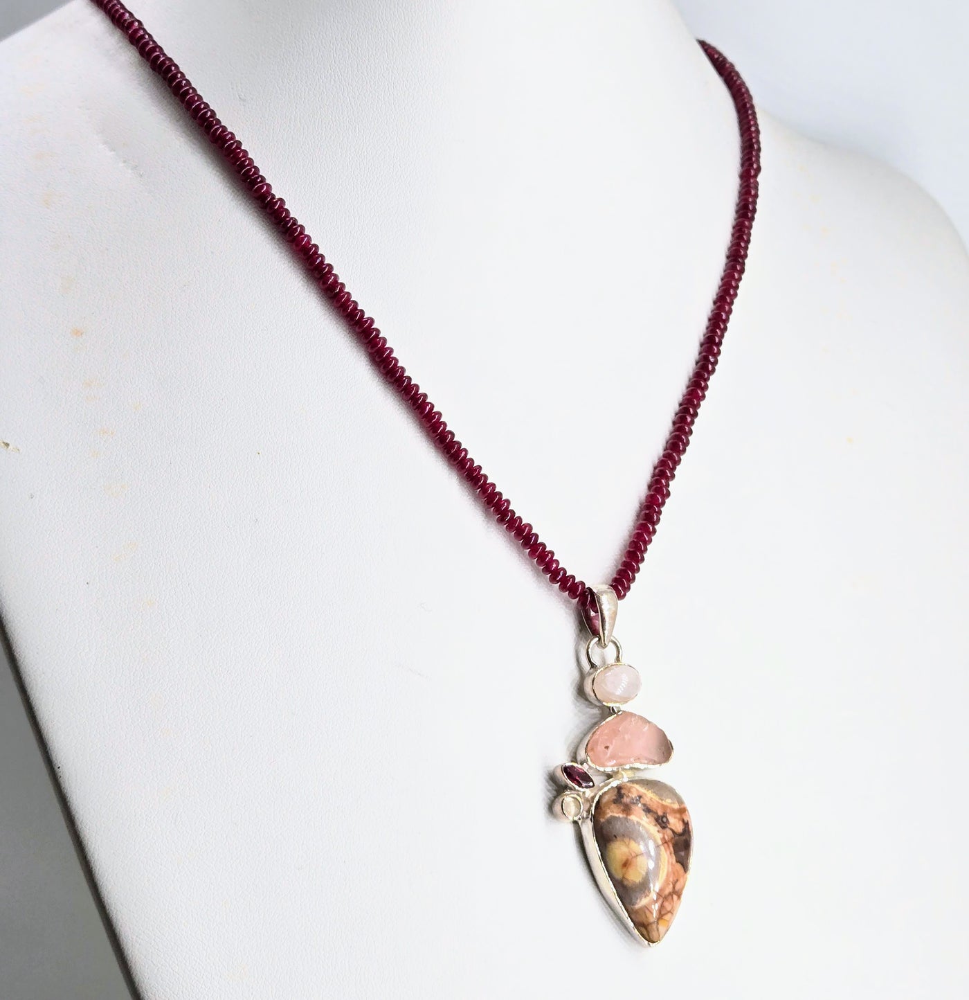 "Rosy Bird's Eye" Pendant Necklace - Jasper, Chalcedony, Garnet, Rose Quartz, Moonstone, Sterling