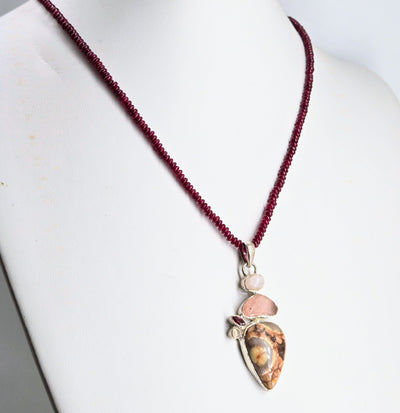"Rosy Bird's Eye" Pendant Necklace - Jasper, Chalcedony, Garnet, Rose Quartz, Moonstone, Sterling