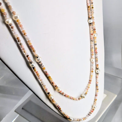 "Rosey Pink & Pearls!" 60" Convertible Necklace - Peruvian Pink Opal, Pearls, Sterling +Enhancer Clip