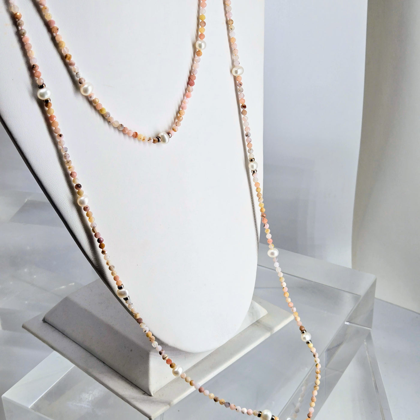 "Rosey Pink & Pearls!" 60" Convertible Necklace - Peruvian Pink Opal, Pearls, Sterling +Enhancer Clip
