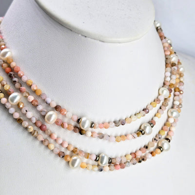 "Rosey Pink & Pearls!" 60" Convertible Necklace - Peruvian Pink Opal, Pearls, Sterling +Enhancer Clip