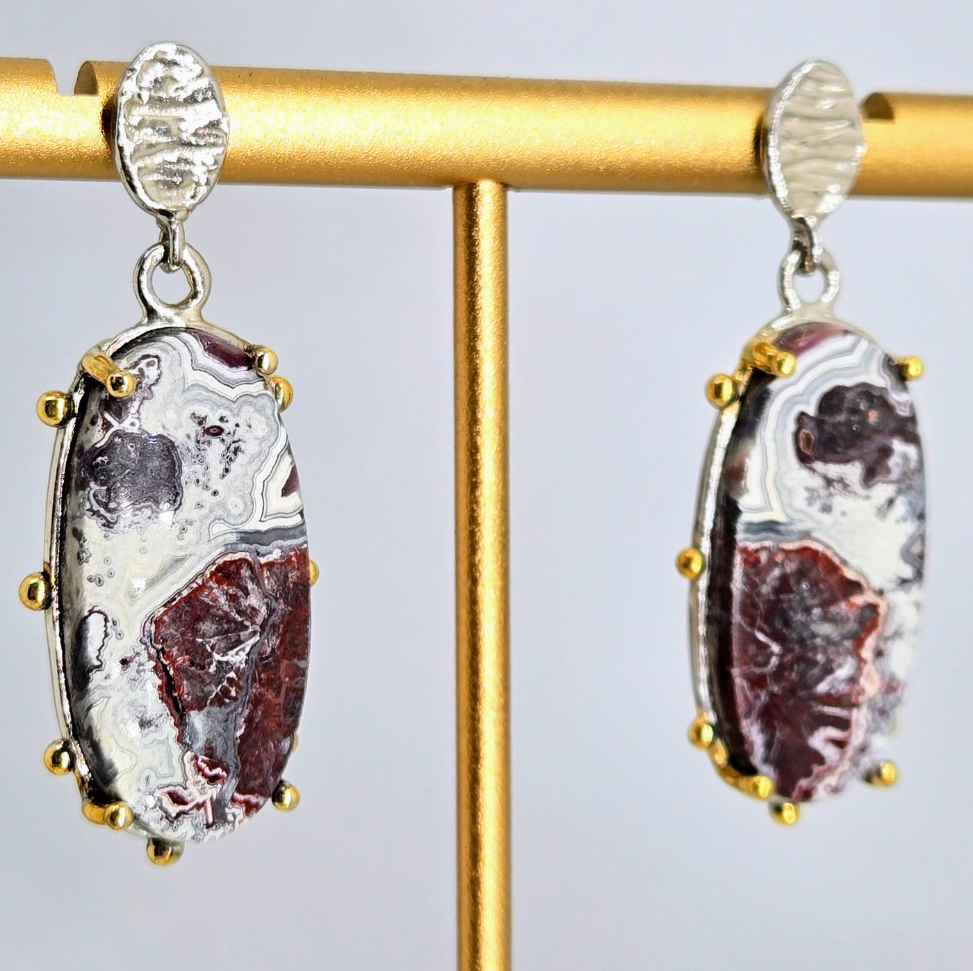 "Crazy Lady #2" 1.5" Earrings - Crazy Lace Agate, Anti-tarnish Sterling, 18k Gold Accents