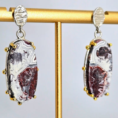"Crazy Lady #2" 1.5" Earrings - Crazy Lace Agate, Anti-tarnish Sterling, 18k Gold Accents