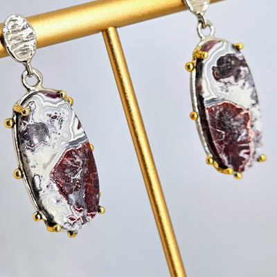 "Crazy Lady #2" 1.5" Earrings - Crazy Lace Agate, Anti-tarnish Sterling, 18k Gold Accents