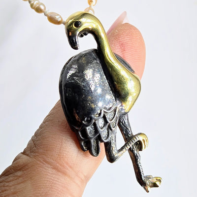 "Flamingle" Pendant Necklace - Black & Gold Sterling, Pearls