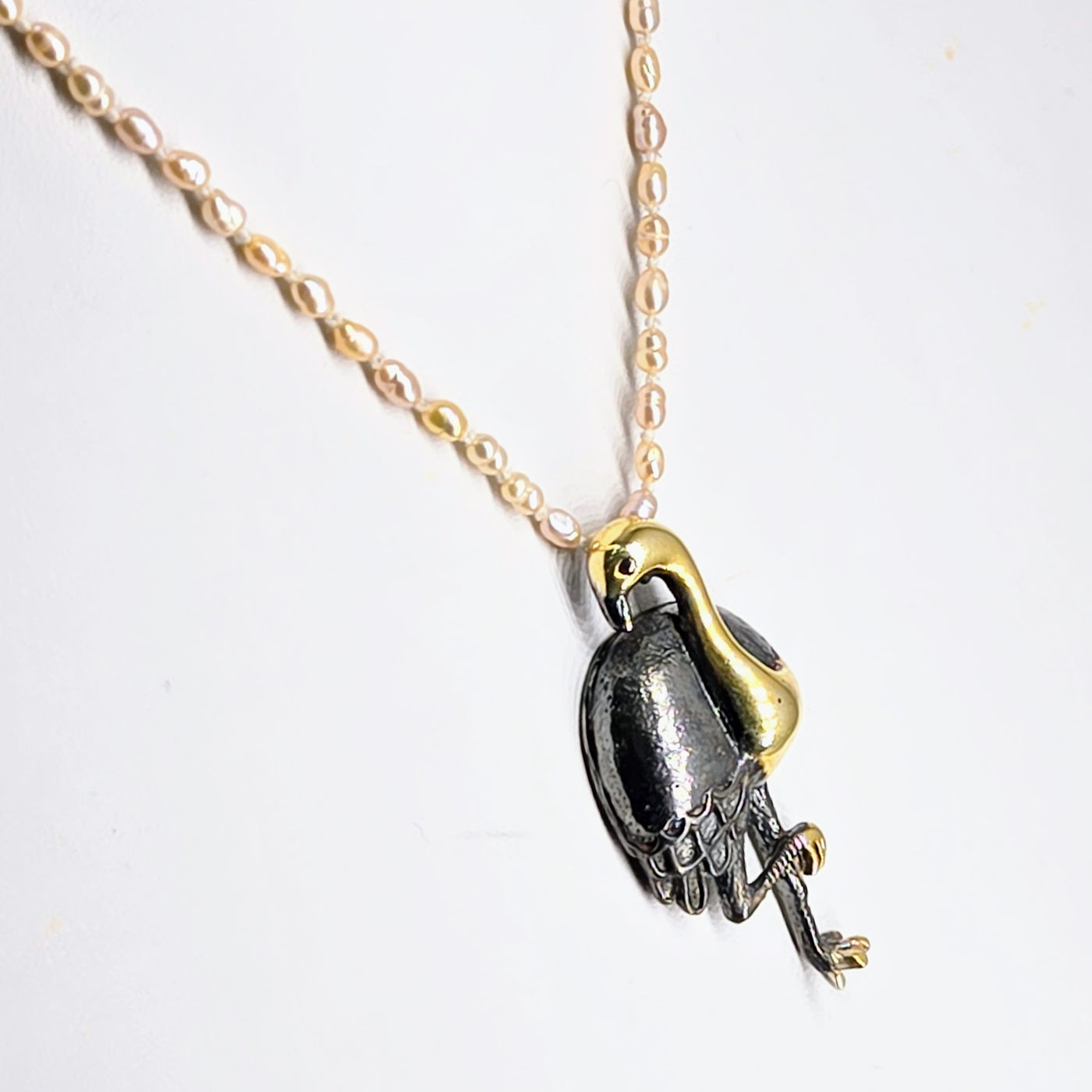 "Flamingle" Pendant Necklace - Black & Gold Sterling, Pearls