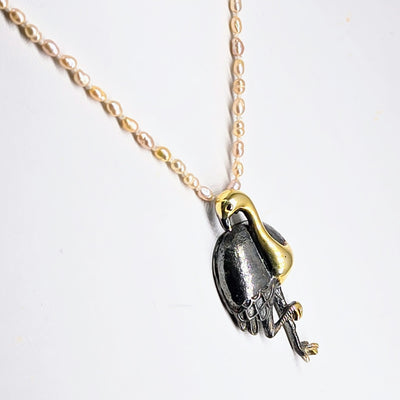 "Flamingle" Pendant Necklace - Black & Gold Sterling, Pearls