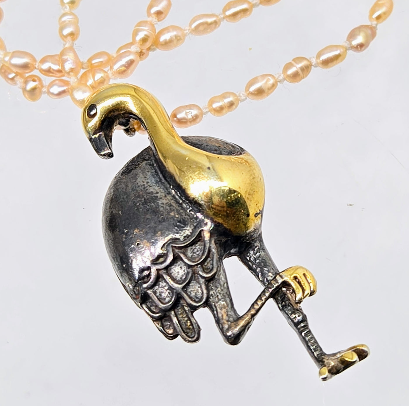 "Flamingle" Pendant Necklace - Black & Gold Sterling, Pearls