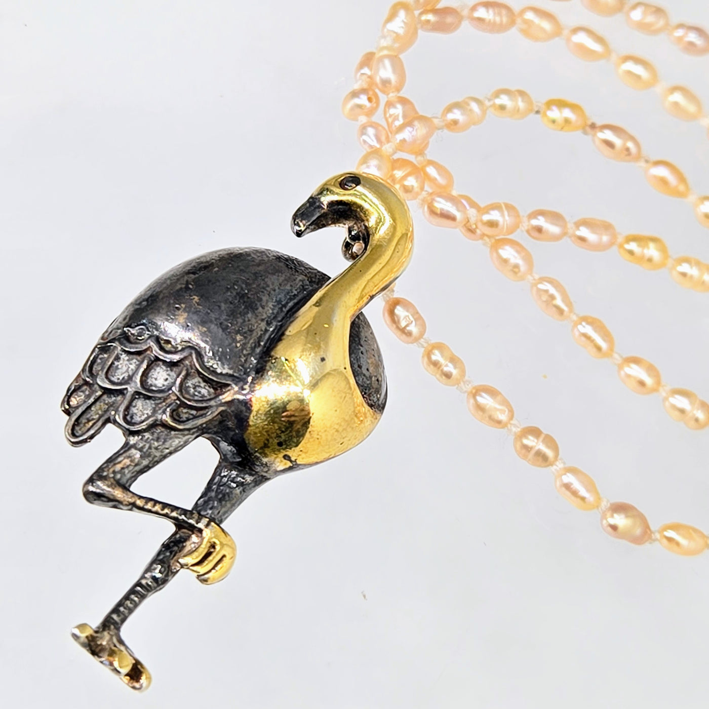 "Flamingle" Pendant Necklace - Black & Gold Sterling, Pearls