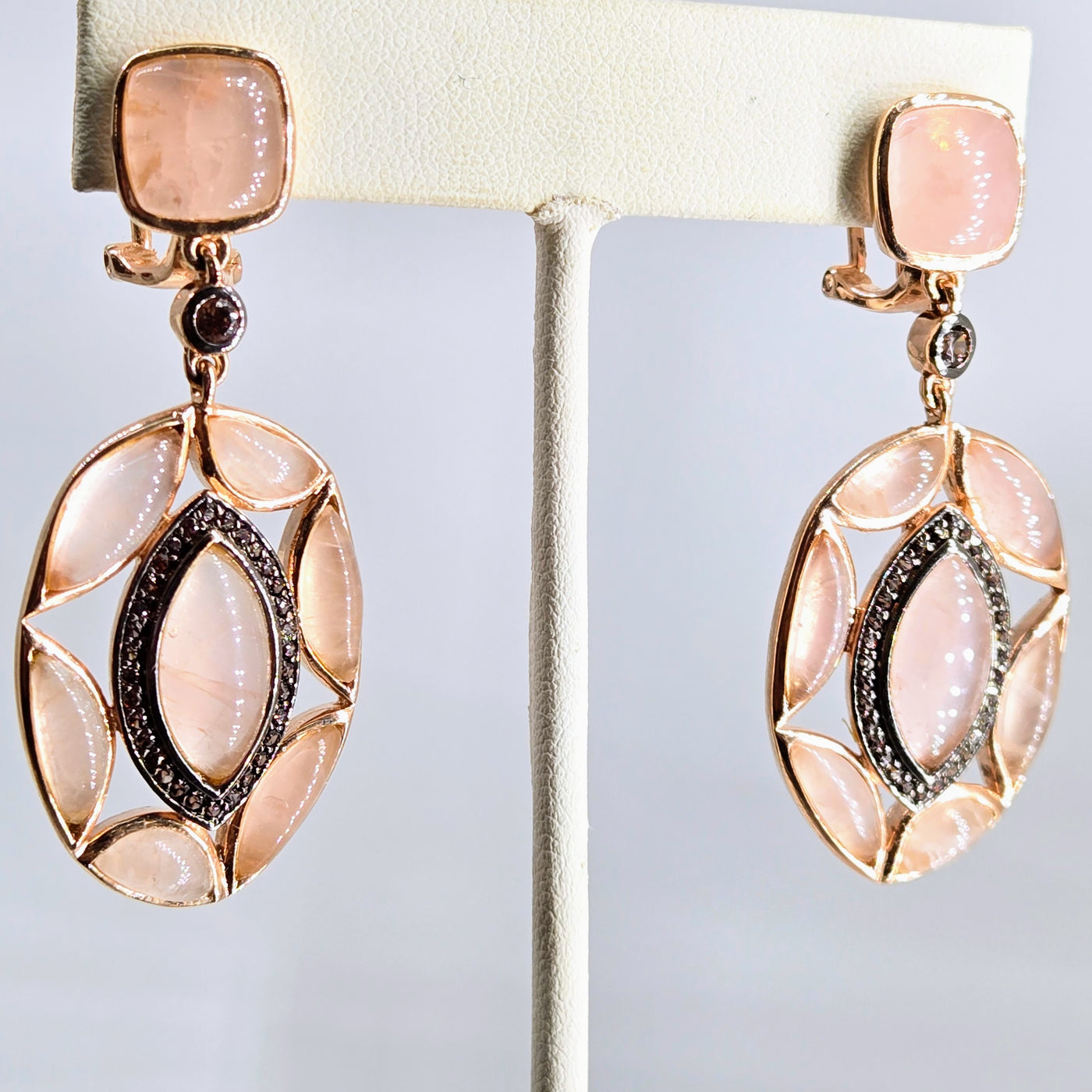 "Soft Flamingo" 2" Earrings - Rose Quartz, Topaz, Anti-tarnish Rose Gold Sterling