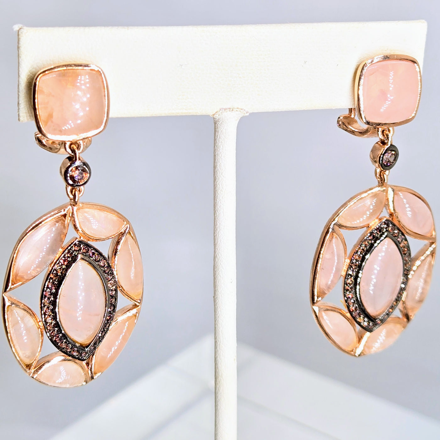 "Soft Flamingo" 2" Earrings - Rose Quartz, Topaz, Anti-tarnish Rose Gold Sterling