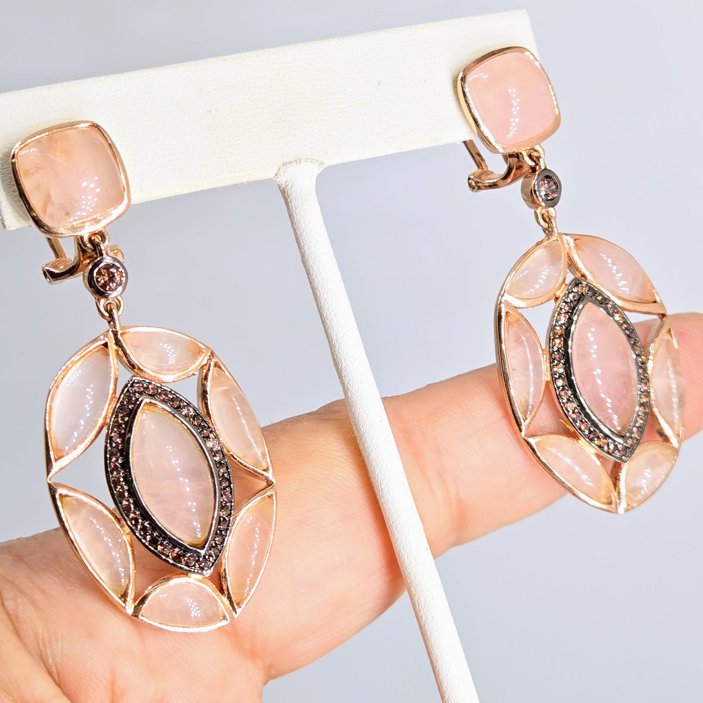 "Soft Flamingo" 2" Earrings - Rose Quartz, Topaz, Anti-tarnish Rose Gold Sterling