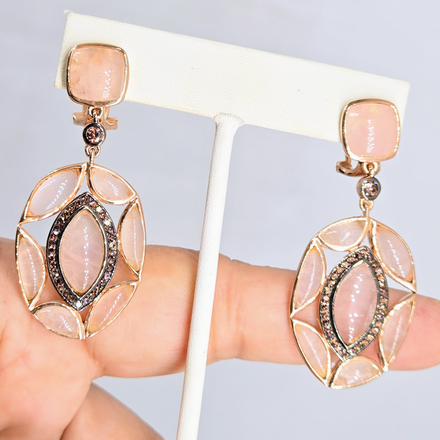 "Soft Flamingo" 2" Earrings - Rose Quartz, Topaz, Anti-tarnish Rose Gold Sterling