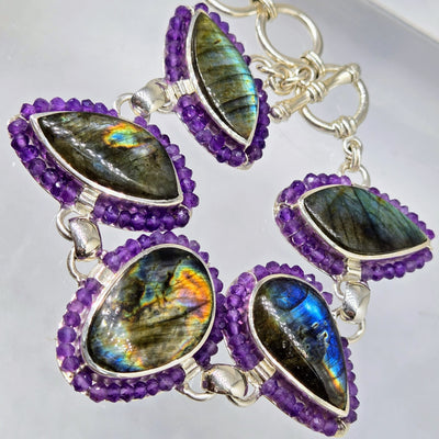 "Mystic Flash" 7" - 8" Bracelet - Labradorite, Amethyst, Sterling