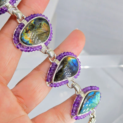 "Mystic Flash" 7" - 8" Bracelet - Labradorite, Amethyst, Sterling