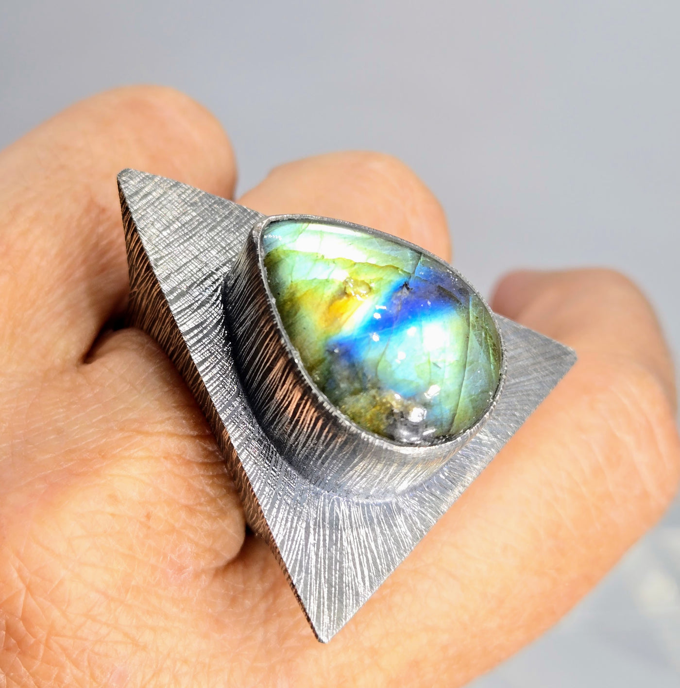 "Point Of Mystical" Sz 9.5 Ring - Labradorite, Oxidized Sterling