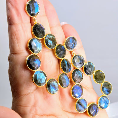 "Jumpin' Jack Flash" 3" Hoop Earrings - Faceted Labradorite, 18k Gold Sterling
