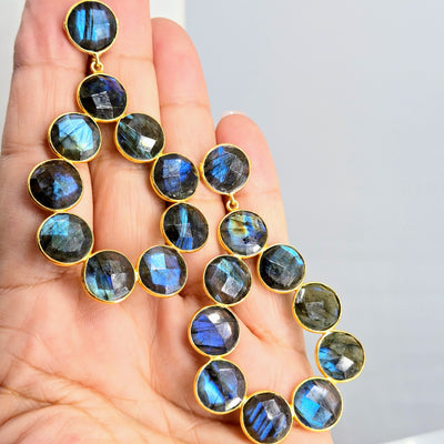 "Jumpin' Jack Flash" 3" Hoop Earrings - Faceted Labradorite, 18k Gold Sterling