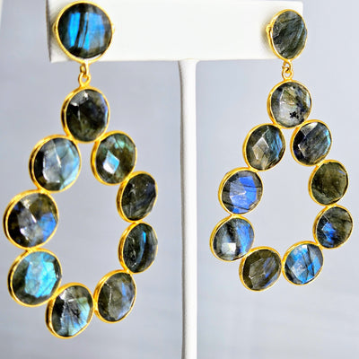 "Jumpin' Jack Flash" 3" Hoop Earrings - Faceted Labradorite, 18k Gold Sterling