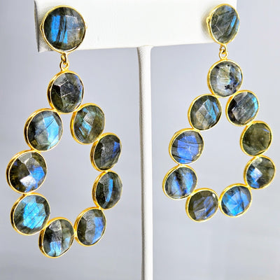 "Jumpin' Jack Flash" 3" Hoop Earrings - Faceted Labradorite, 18k Gold Sterling