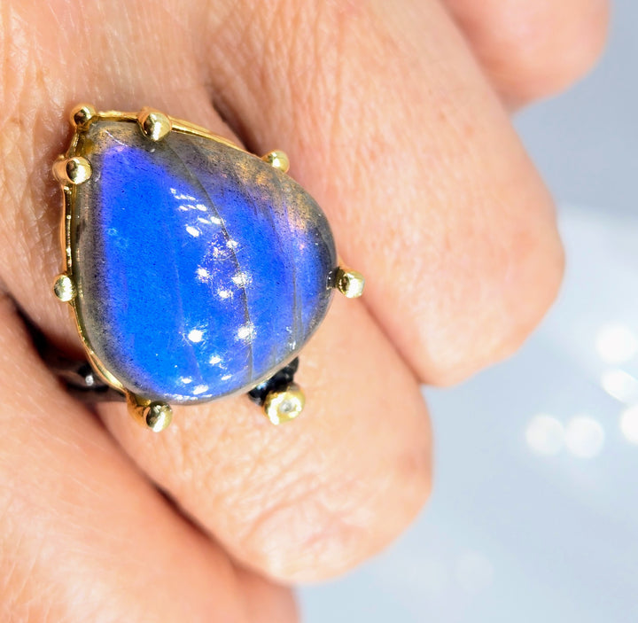 "Blue Flame" Sz 9.5 Ring - Labradorite, Diamond, Black Sterling, 18k Gold