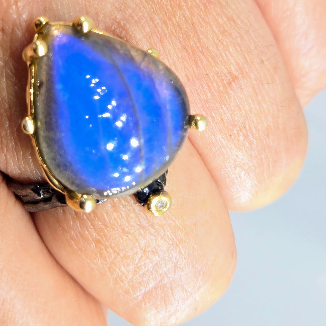 "Blue Flame" Sz 9.5 Ring - Labradorite, Diamond, Black Sterling, 18k Gold