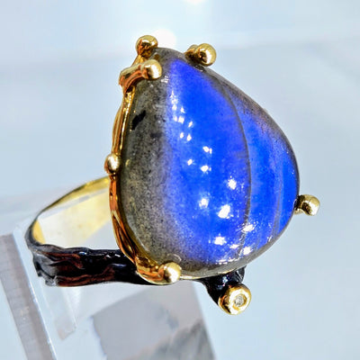 "Blue Flame" Sz 9.5 Ring - Labradorite, Diamond, Black Sterling, 18k Gold