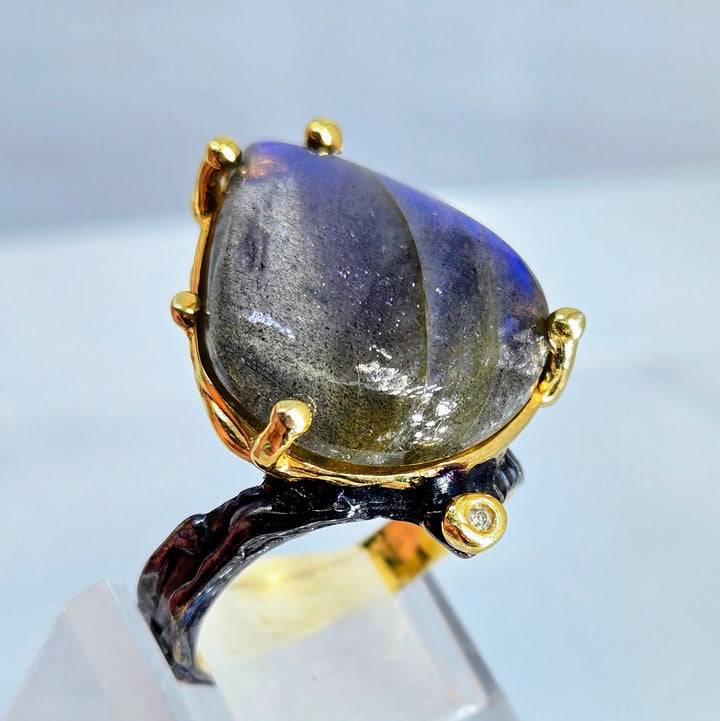 "Blue Flame" Sz 9.5 Ring - Labradorite, Diamond, Black Sterling, 18k Gold