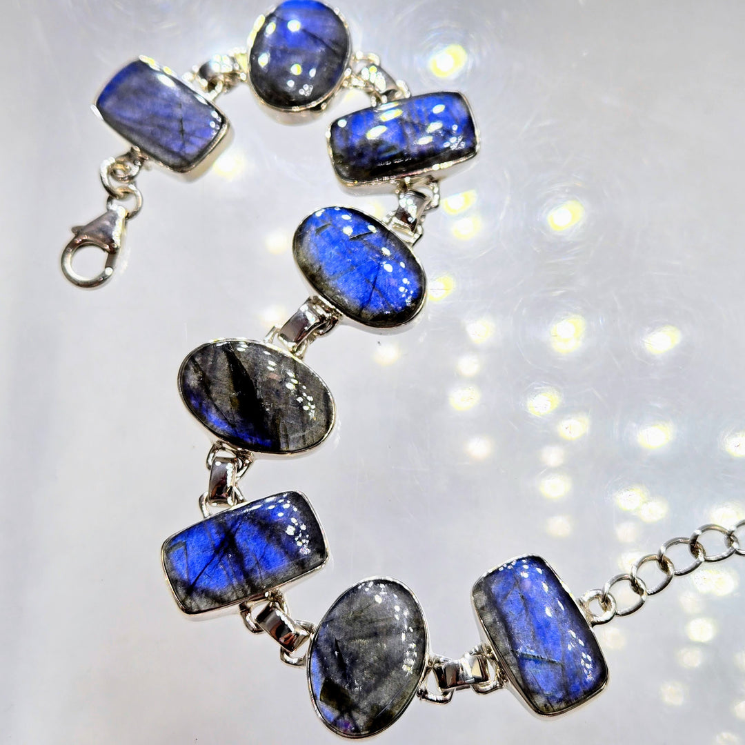"Blue Flash" 6.25" - 7.5" Bracelet - Labradorite, Sterling