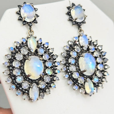 "Serious Moonlight" 1.75" Earrings - Moonstone, Spinel, Black Sterling