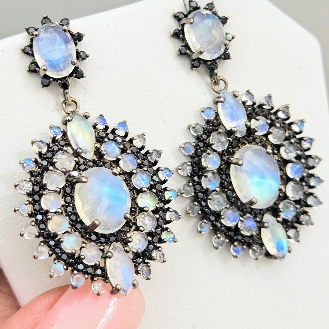 "Serious Moonlight" 1.75" Earrings - Moonstone, Spinel, Black Sterling