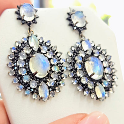 "Serious Moonlight" 1.75" Earrings - Moonstone, Spinel, Black Sterling